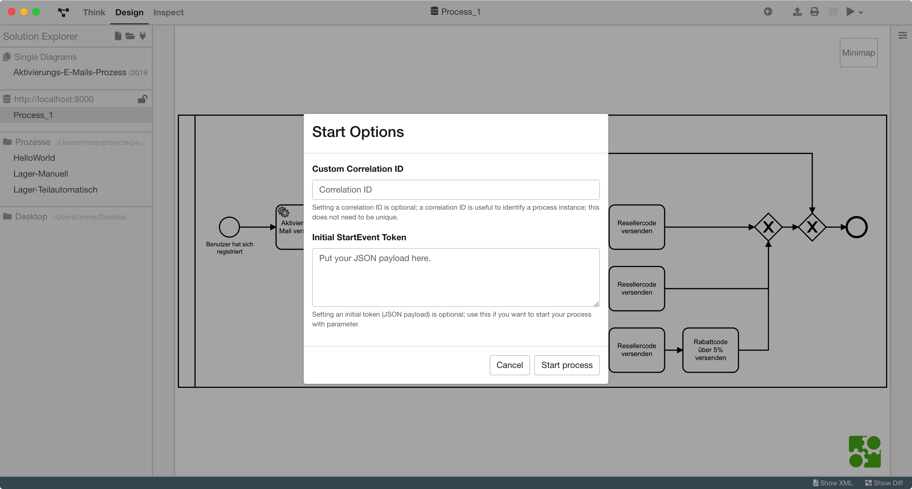 BPMN Studio: Ausführen mit individuellen Startparametern